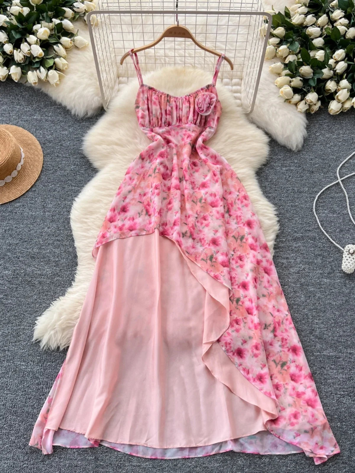 floral chiffon high low dress Pink Floral Soft Ruched Short Sleeves High Low Chiffon Bridesmaid Dresses