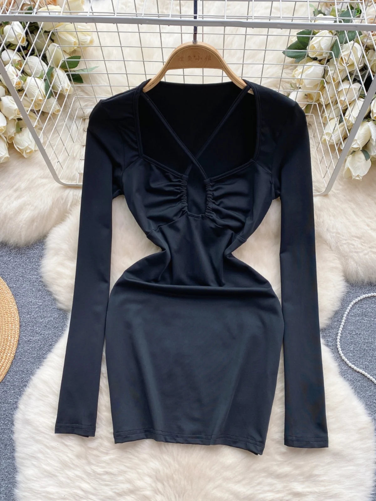 knee length dresses for ladies Black Satin Midi Dress with V-Neck and Long Sleeves main image 0