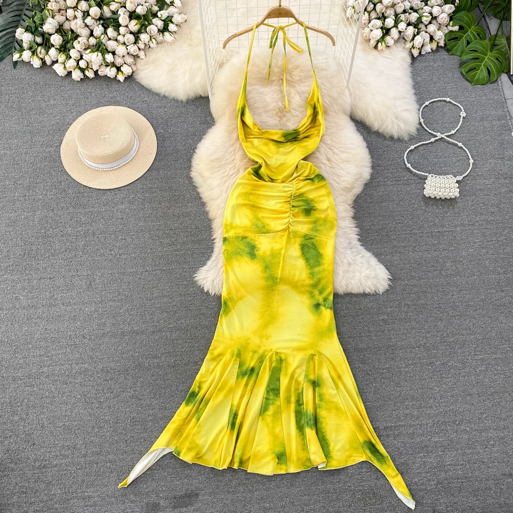Vibrant Yellow Tie-dye Halter Maxi Dress on Luulla