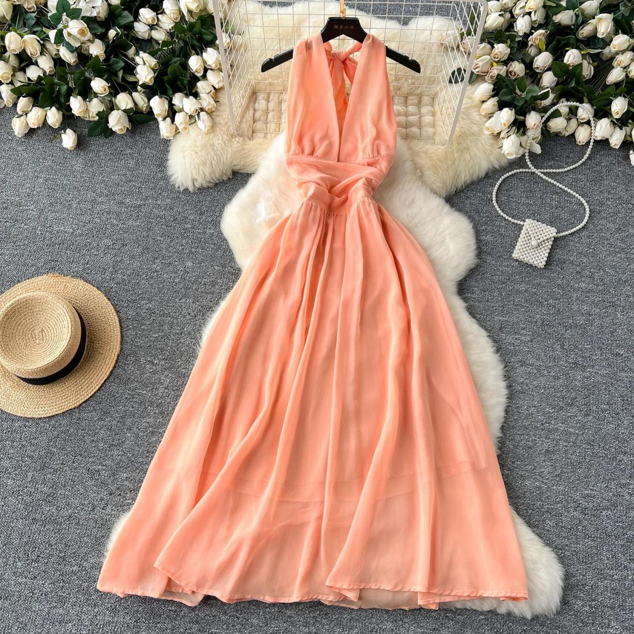 Tourtownbeach Sleeveless Long Peach Chiffon Dress with Ruffles