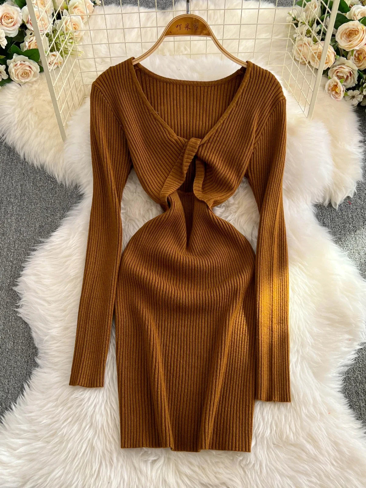 Cozy Ribbed Knit Long-sleeve Bodycon Midi Dress on Luulla
