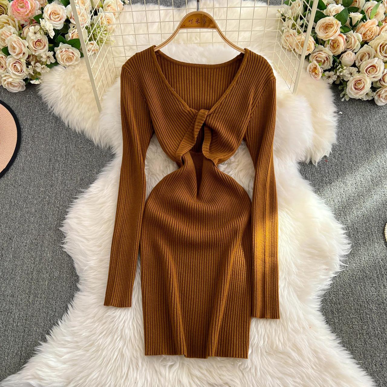 Cozy Ribbed Knit Long-sleeve Bodycon Midi Dress