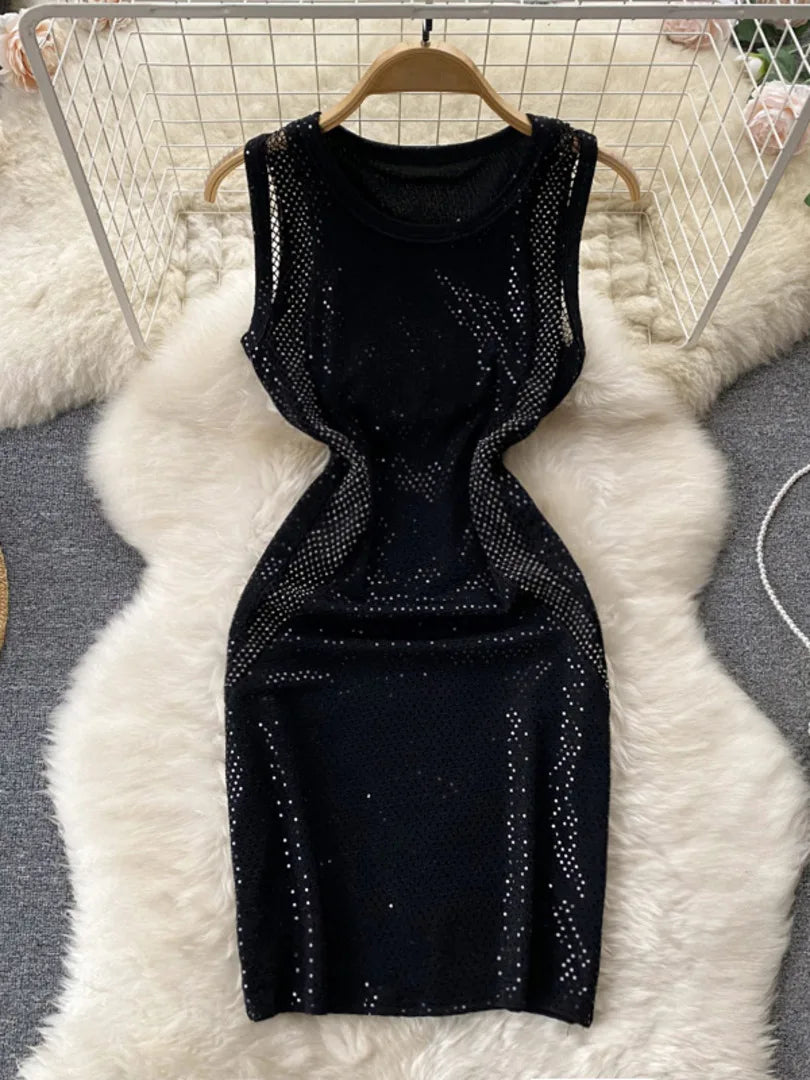 Black Sequin Bodycon Dress, Sleeveless Nightwear Glam
