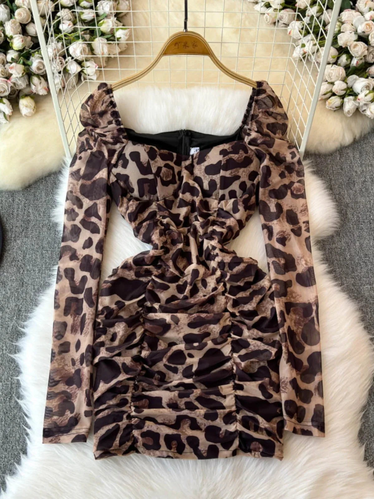 fitted lace wedding dress Anna-Kaci Women's Long Sleeve Leopard Print Bodycon Midi Dress with Crew Neck and Stretch Fit