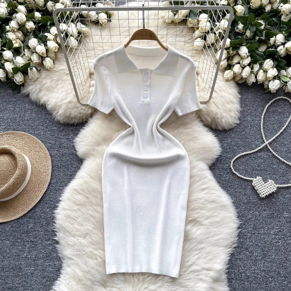 Chic White Ribbed Knit Short Sleeve Dress