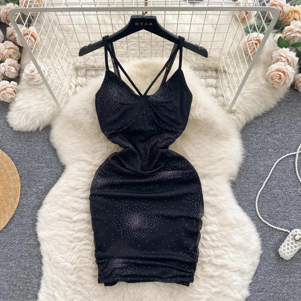 Sparkling Black Bodycon Dress With Strappy Design