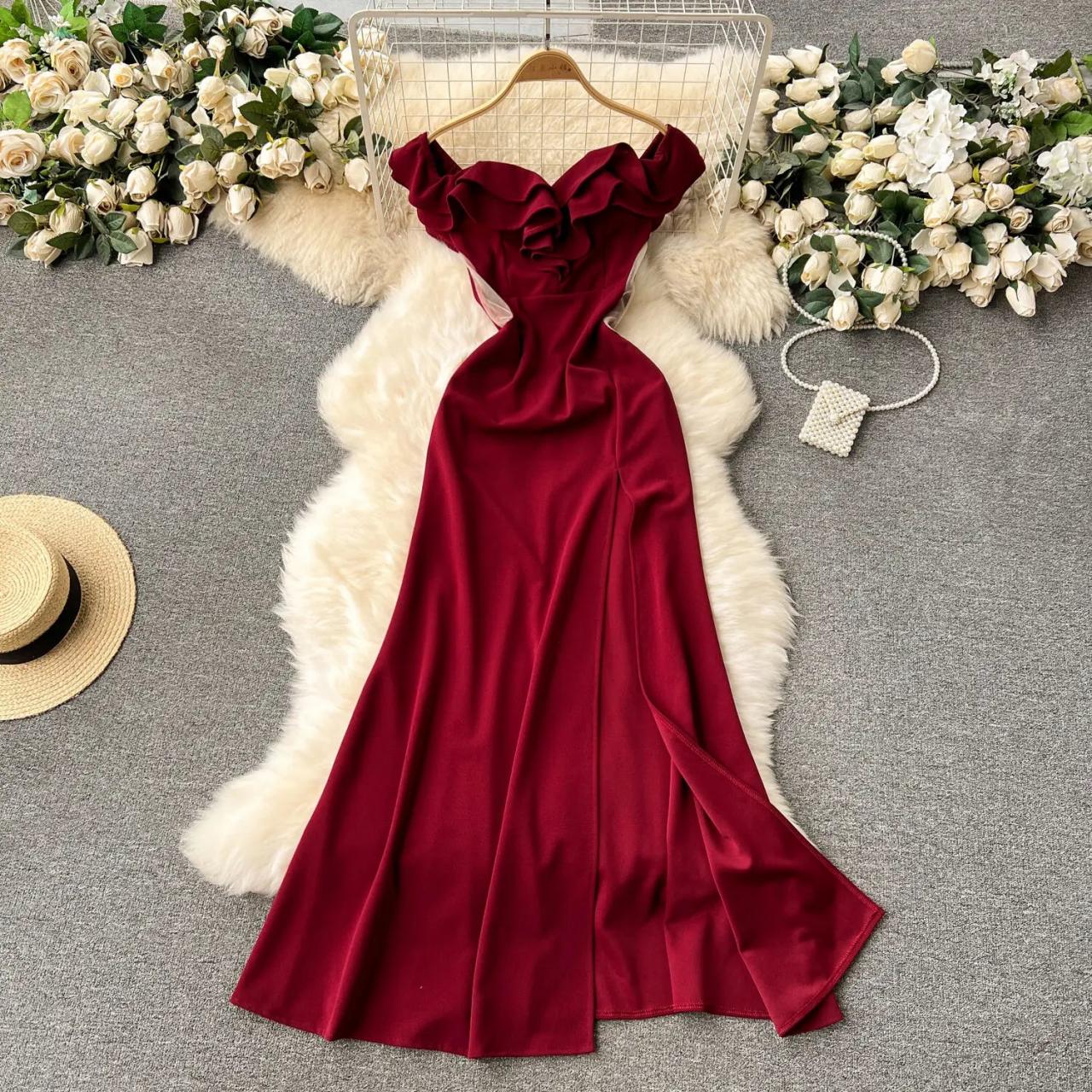 Off-shoulder Red Velvet Gown With Ruffle Detail on Luulla