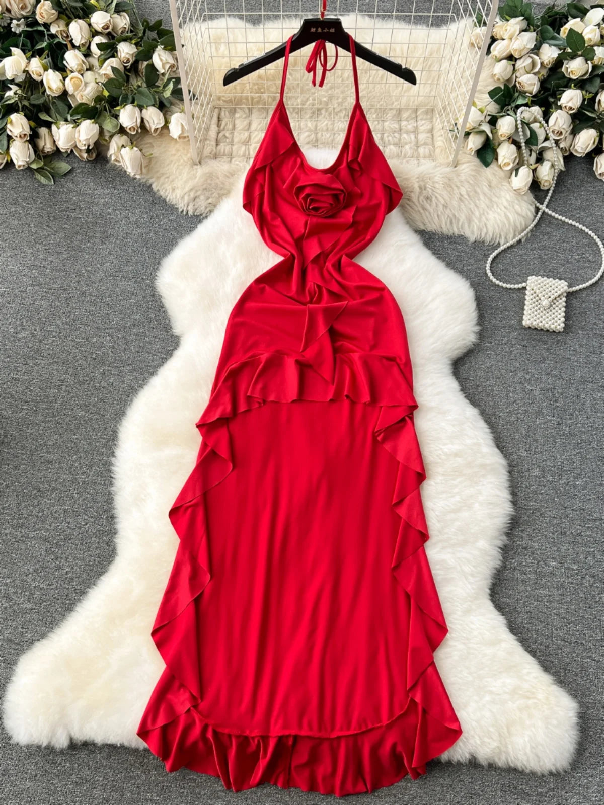 Stunning Red Ruffled Satin Evening Gown Dress