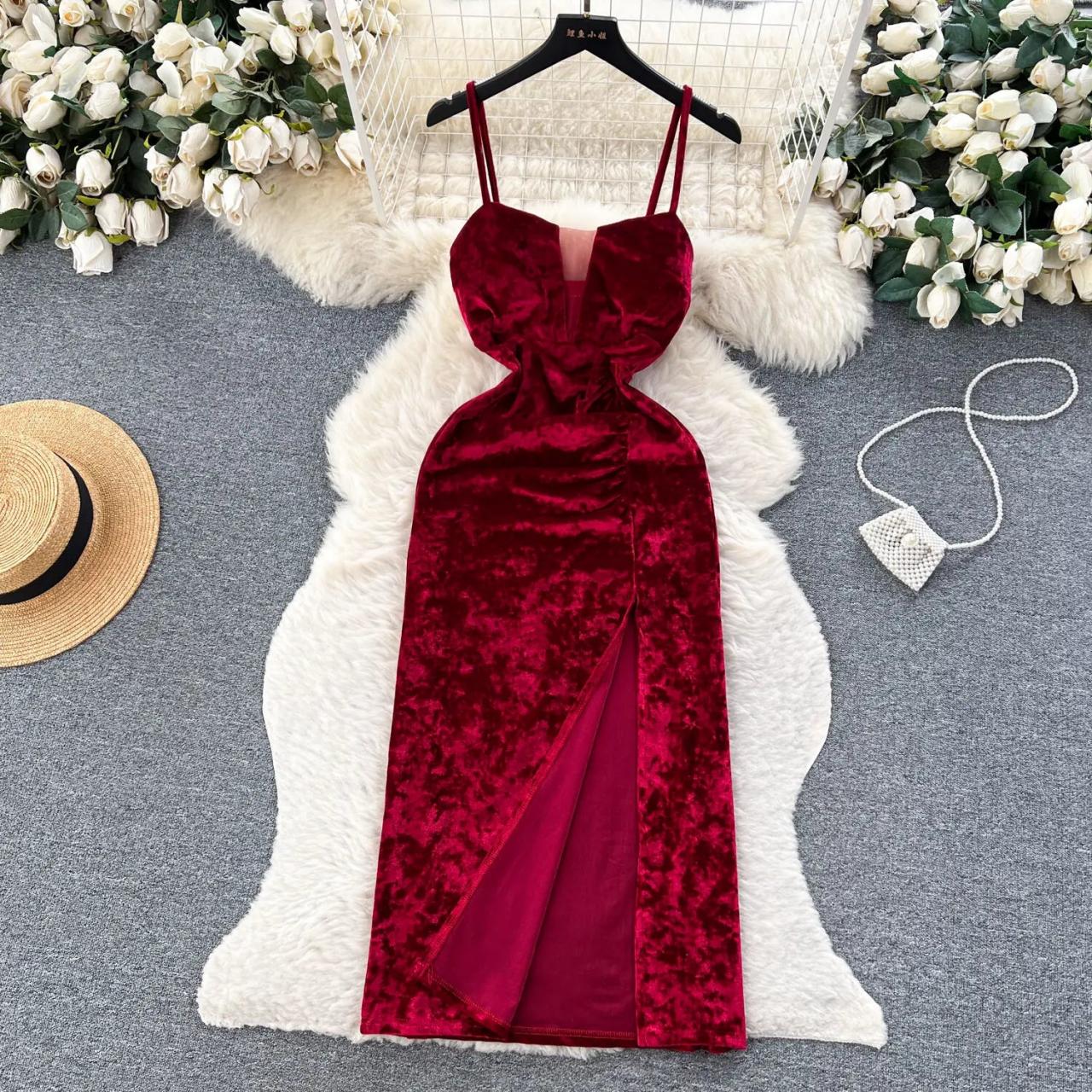 Velvet Red Sleeveless Dress With Floral Design