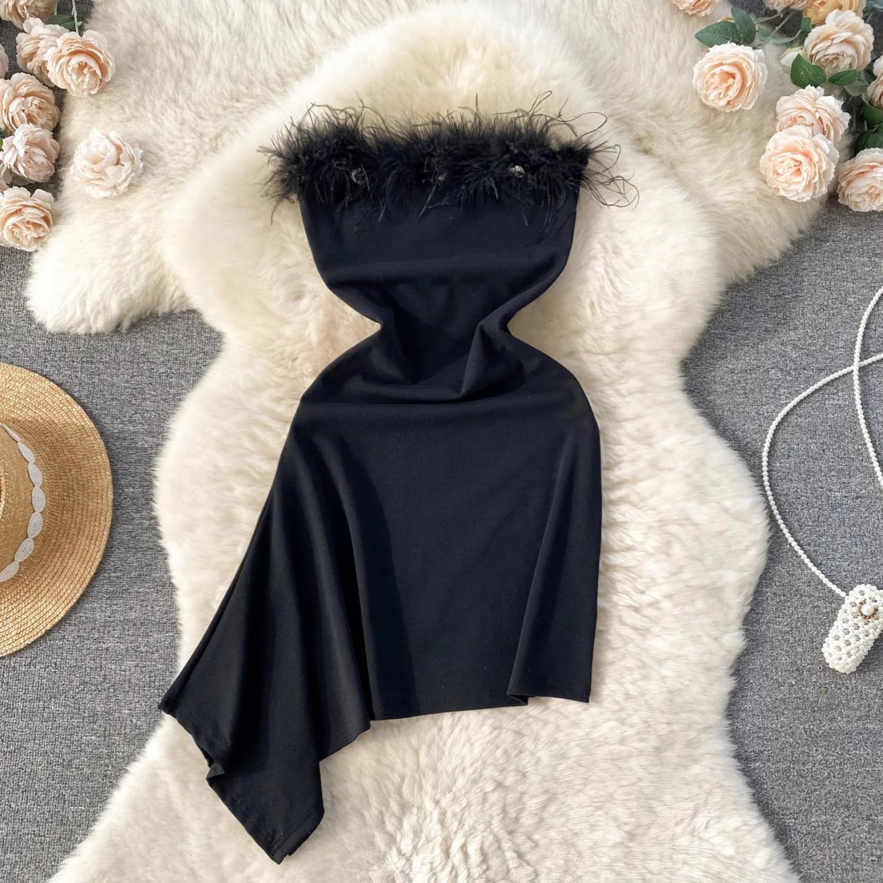 Off-shoulder Black Dress With Feather Trim on Luulla