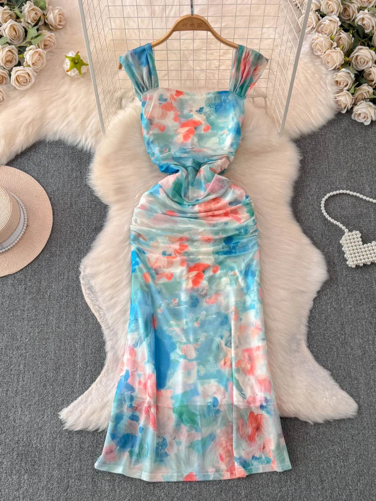 Tie dye print spaghetti strap maxi dress cheap