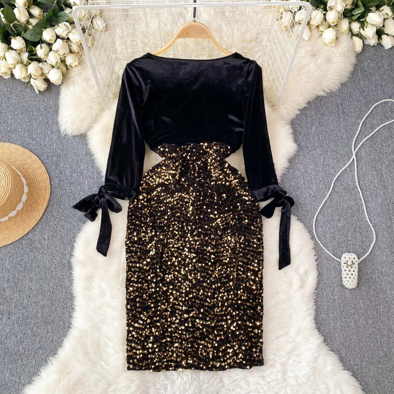 black gold sequin wrap dress Black Velvet And Sequin Wrap Dress