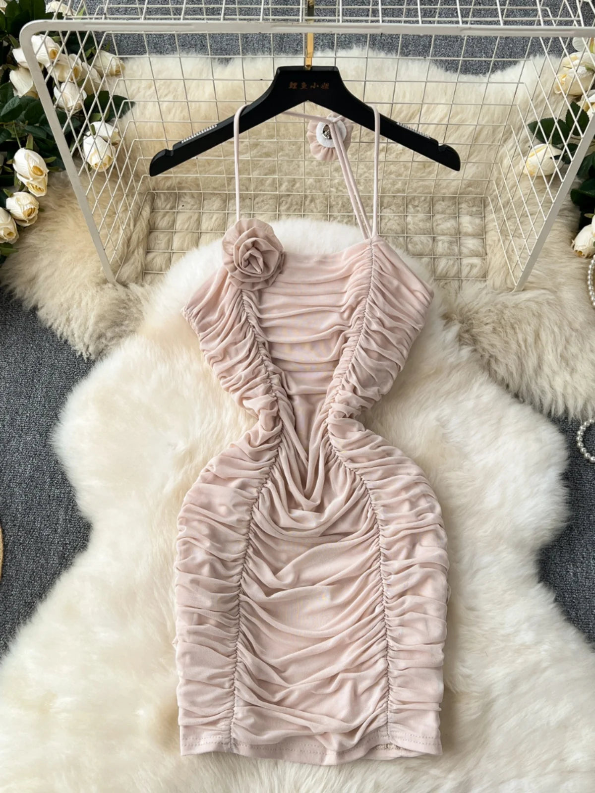 Ruched Sleeveless Bodycon Dress with Floral Accent