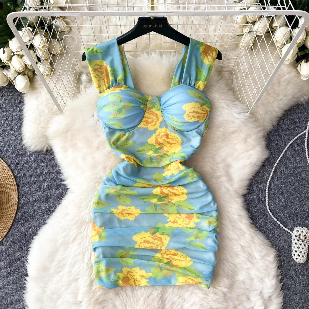 yellow floral bodycon dress Floral Print Blue Yellow Sleeveless Bodycon Dress