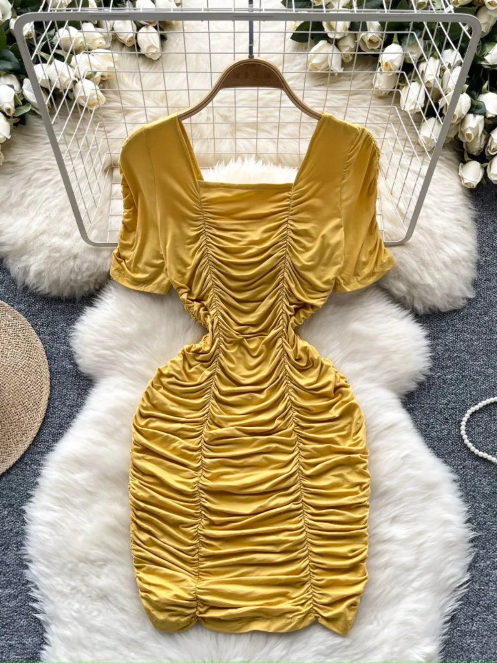 Tourtownbeach Ruched Yellow Satin Dress with Short Sleeves
