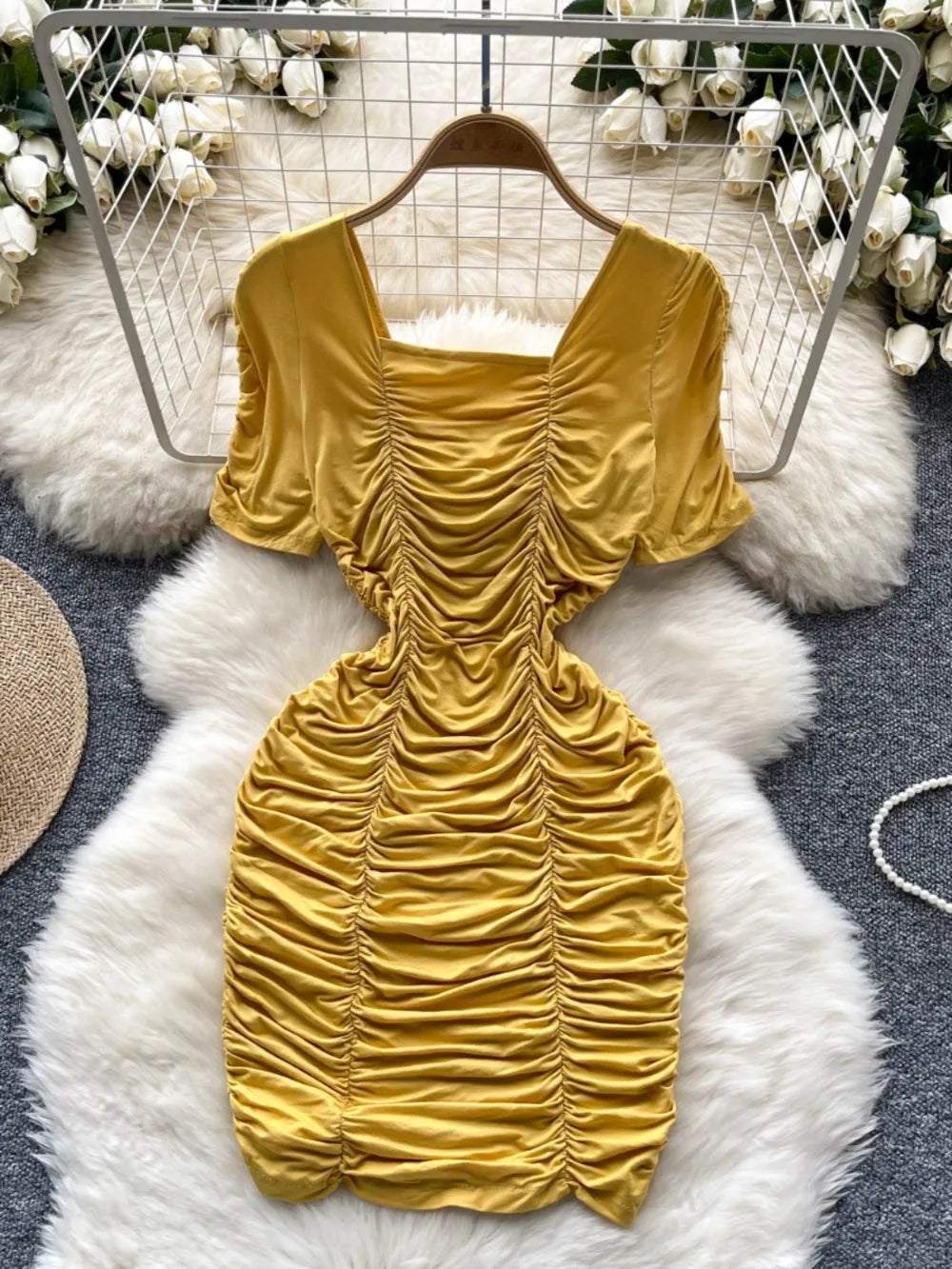 yellow satin ruched dress Ruched Yellow Satin Dress With Short Sleeves