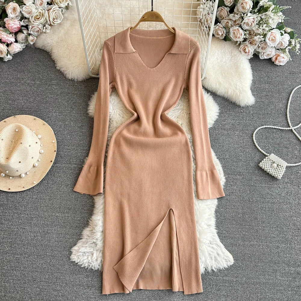 Cozy Ribbed Knit Dress With V-neckline Split