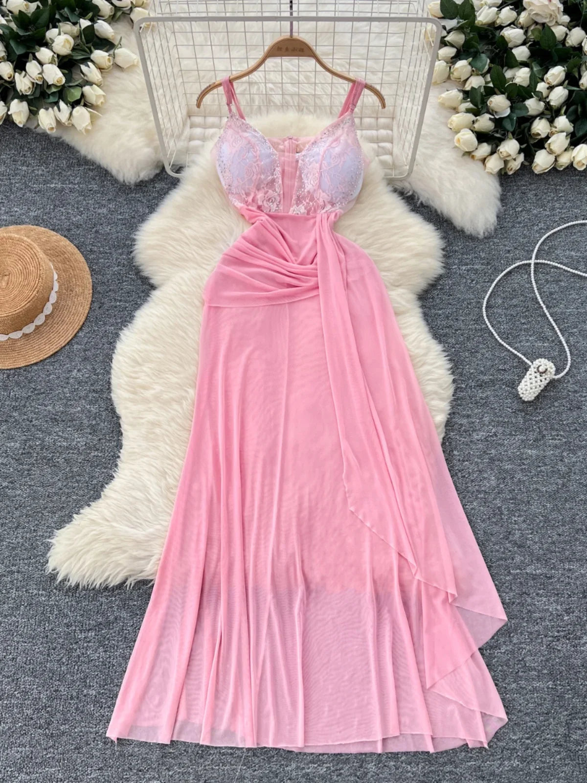 Pink Lace Sheer Nightgown With Flowy Skirt on Luulla