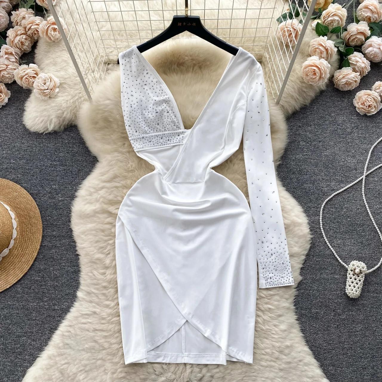 White Satin Dress With Rhinestone Detailing