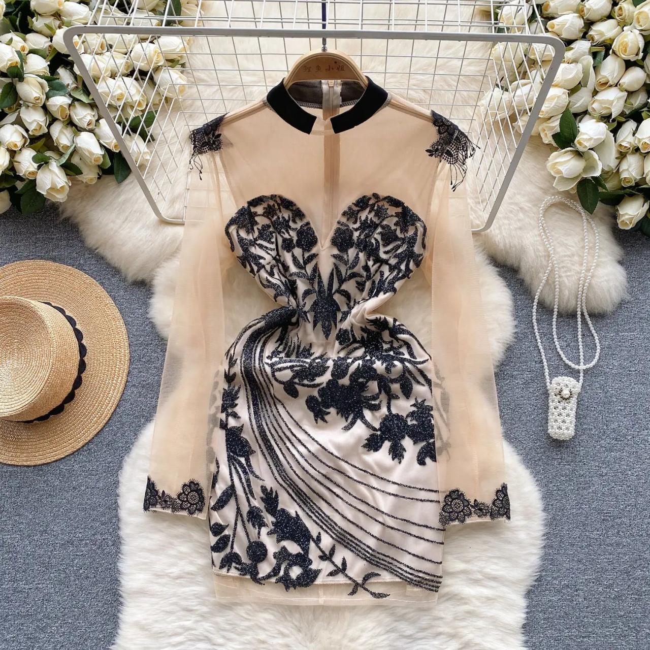 Sheer Mesh Floral Embroidered Long Sleeve Dress on Luulla