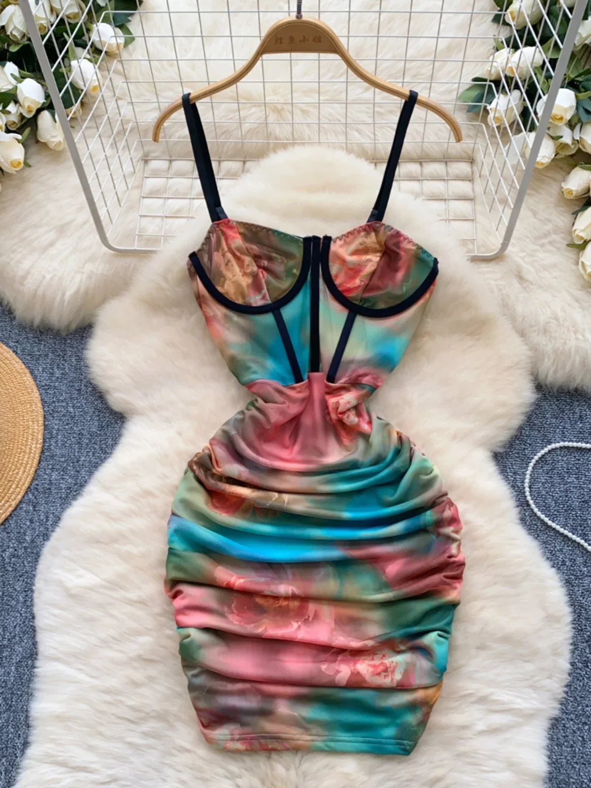 tie dye ruched bodycon dress Funnel Neck Tie-dye Ruched Bodycon Dress