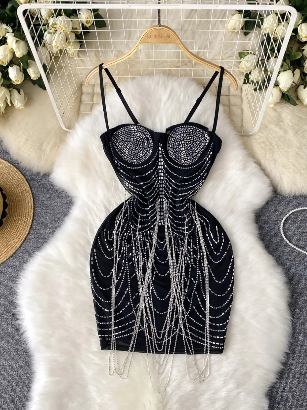 Rhinestone Embellished Strappy Black Bodycon Party Dress