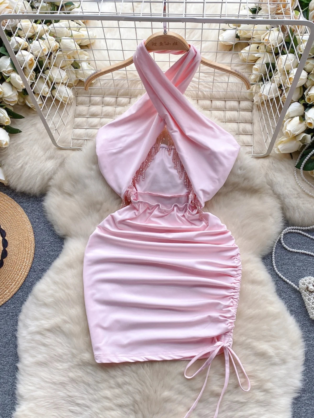 pink satin ruched mini dress PrettyLittleThing Hot Pink Satin Cowl Neck Ruched Mini Dress Size US 4 NWT
