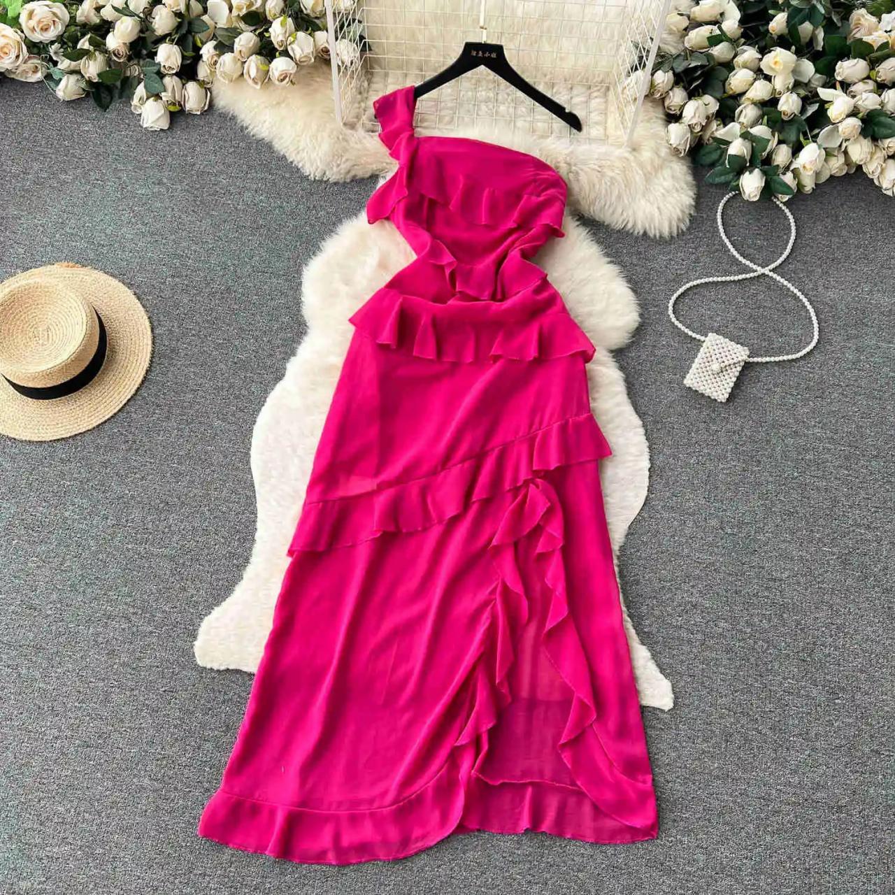 Ruffled Asymmetrical Pink Chiffon Dress on Luulla