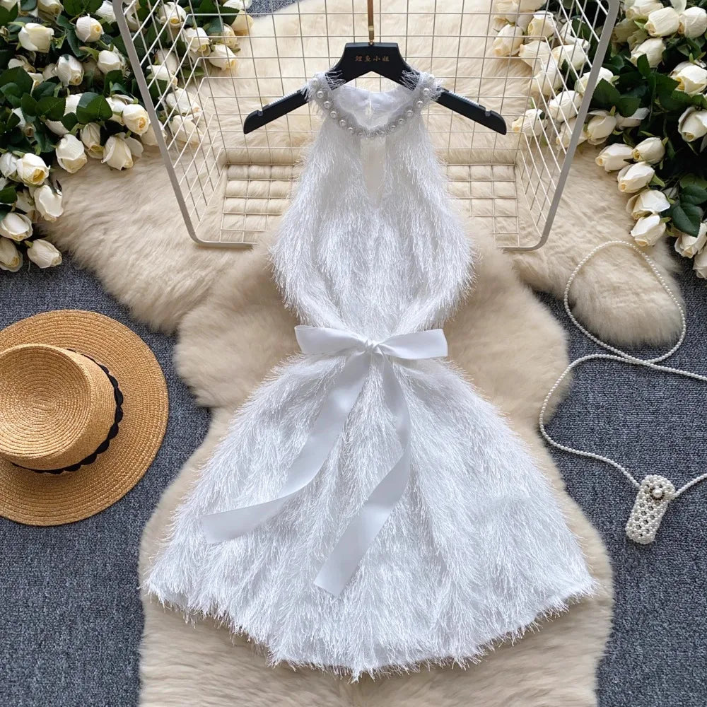 Feathered Halter Dress With Bow And Pearls