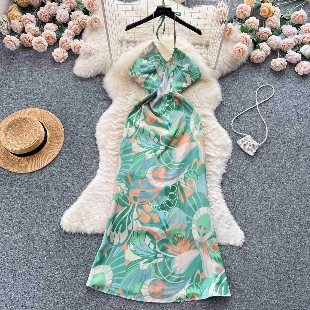 Floral Satin Halter Neck Maxi Dress on Luulla