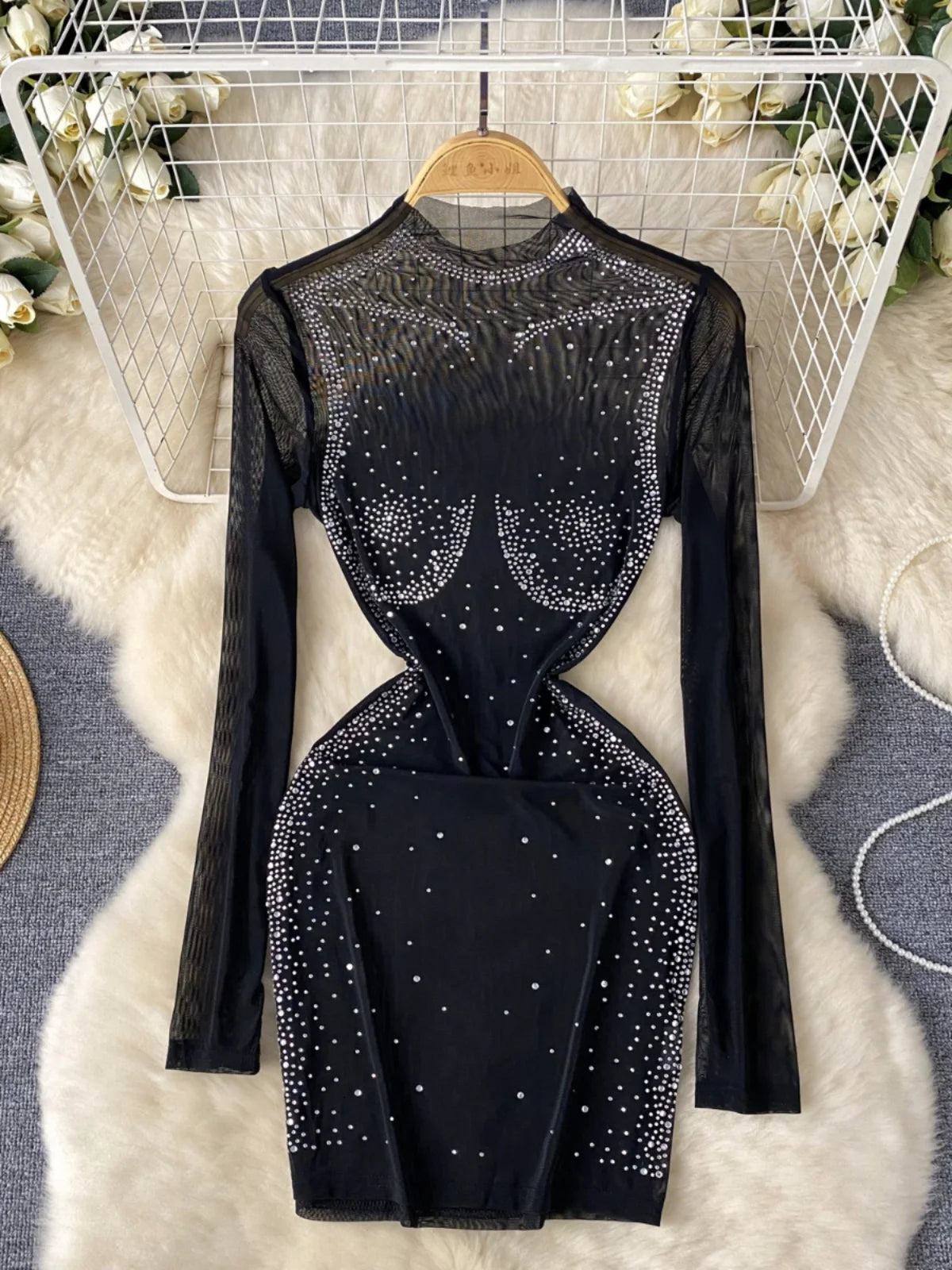 Foamlina Sexy See Through Mesh Rhinestone Decoration Mini Bodycon Dress  Women Summer Elegant Stand C on Luulla