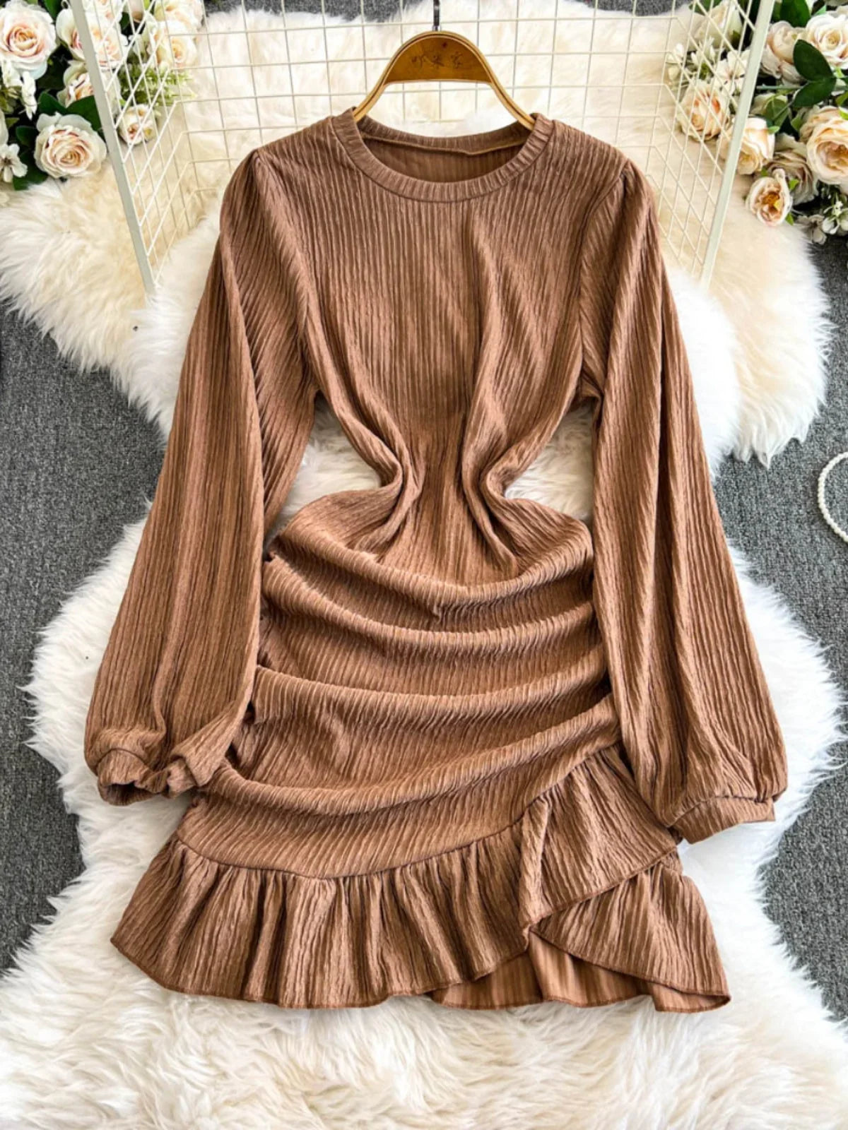 Cozy Long-sleeve Ribbed Dress With Ruffle Hem on Luulla