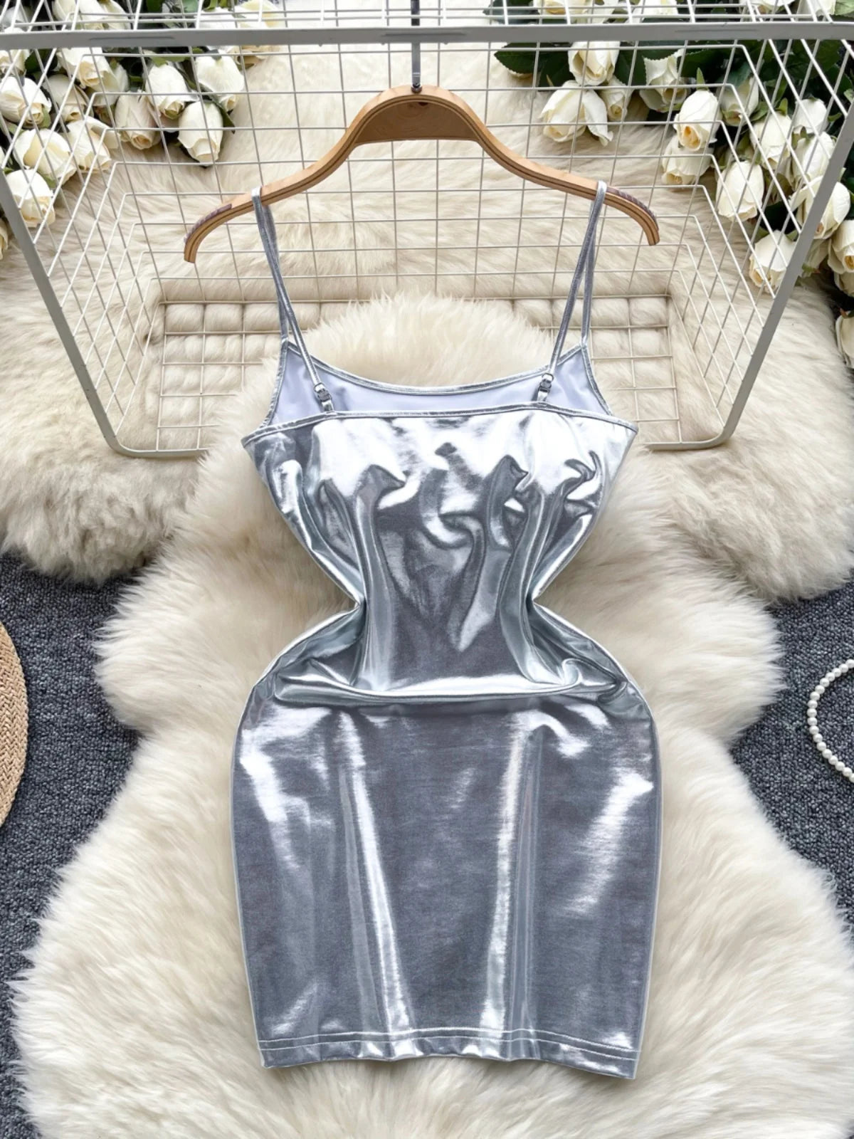 Sleek Silver Metallic Bodycon Dress With Straps on Luulla
