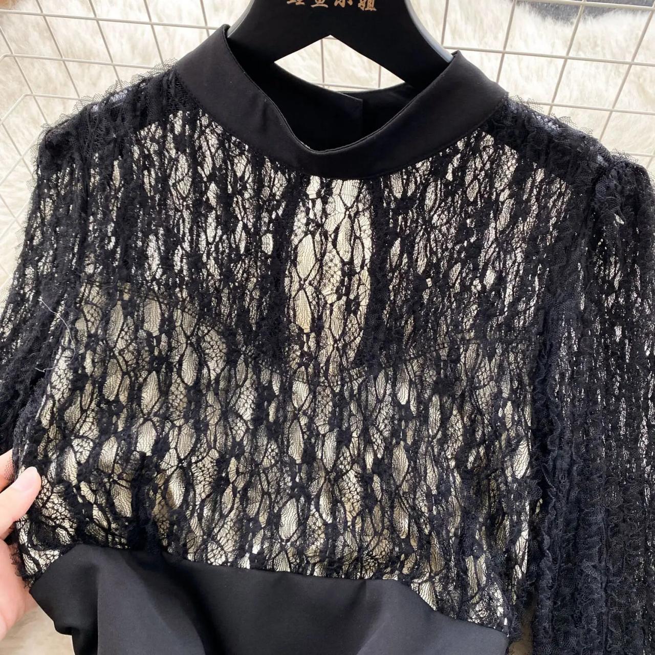 chinese dress ladies Two-Tone Black Lace Three-Quarter Sleeve Fit Flare Formal Dress