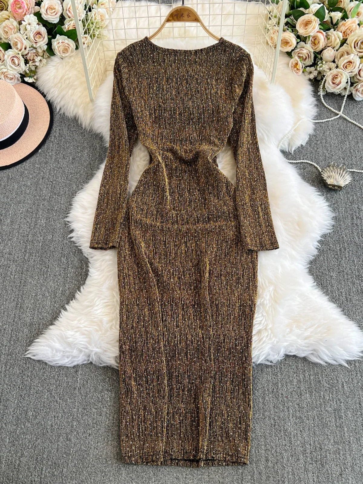 knee length dresses for ladies Final Sale Plus Size Ruched Faux Wrap BodyCon Midi Dress in Metallic B –  Chic And Curvy
