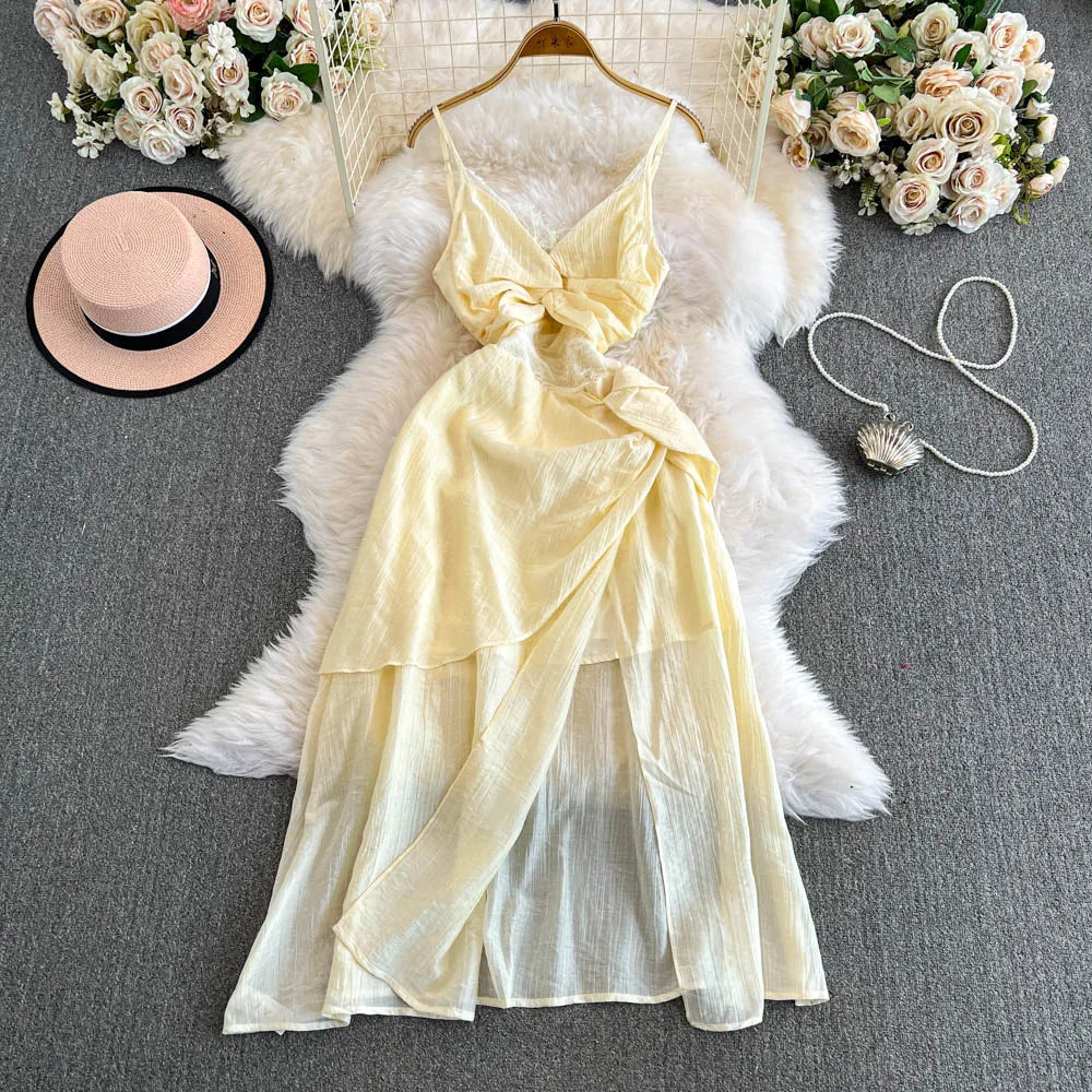 Chic Yellow Flowy Maxi Dress With Bow