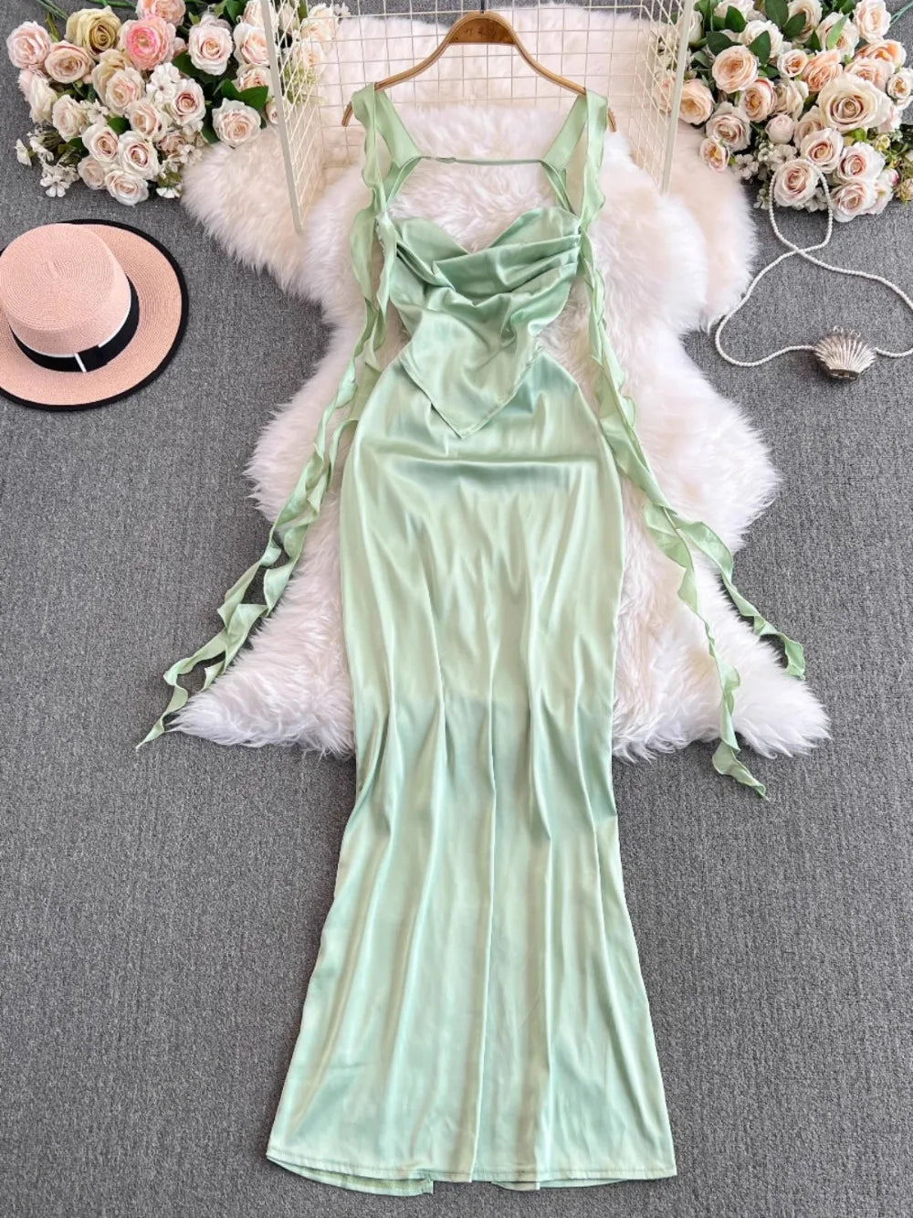 Silk Mint Green Ribbon Tie Maxi Dress