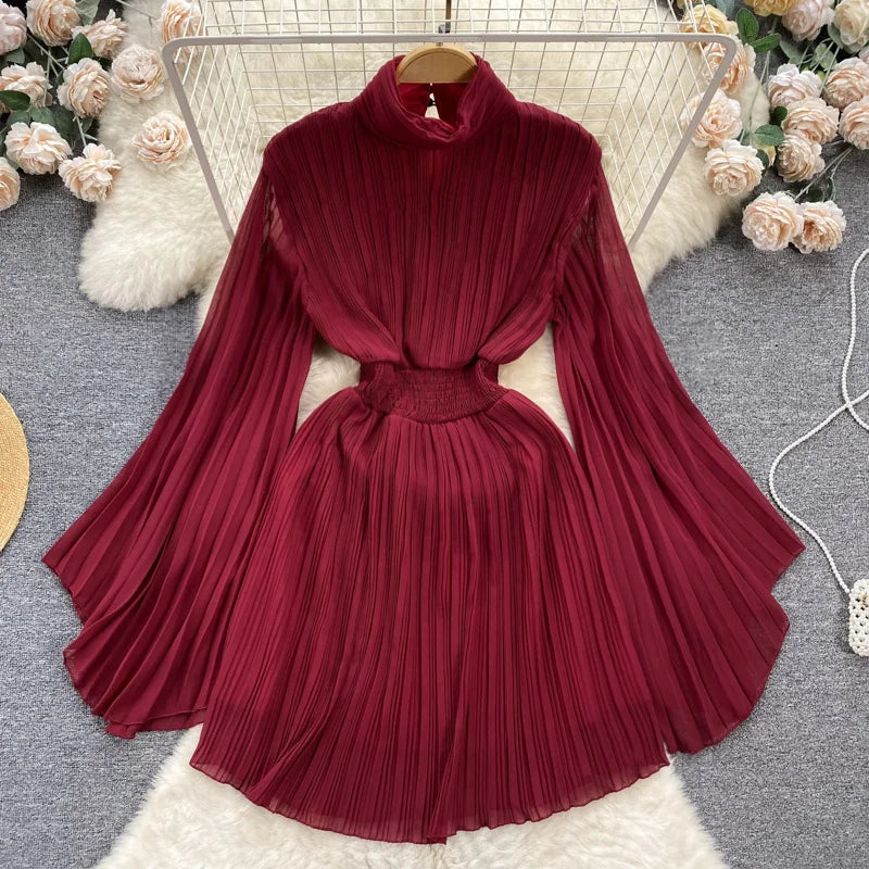 burgundy dress with bell sleeves Flowing Burgundy Dress With Bell Sleeves Detailing