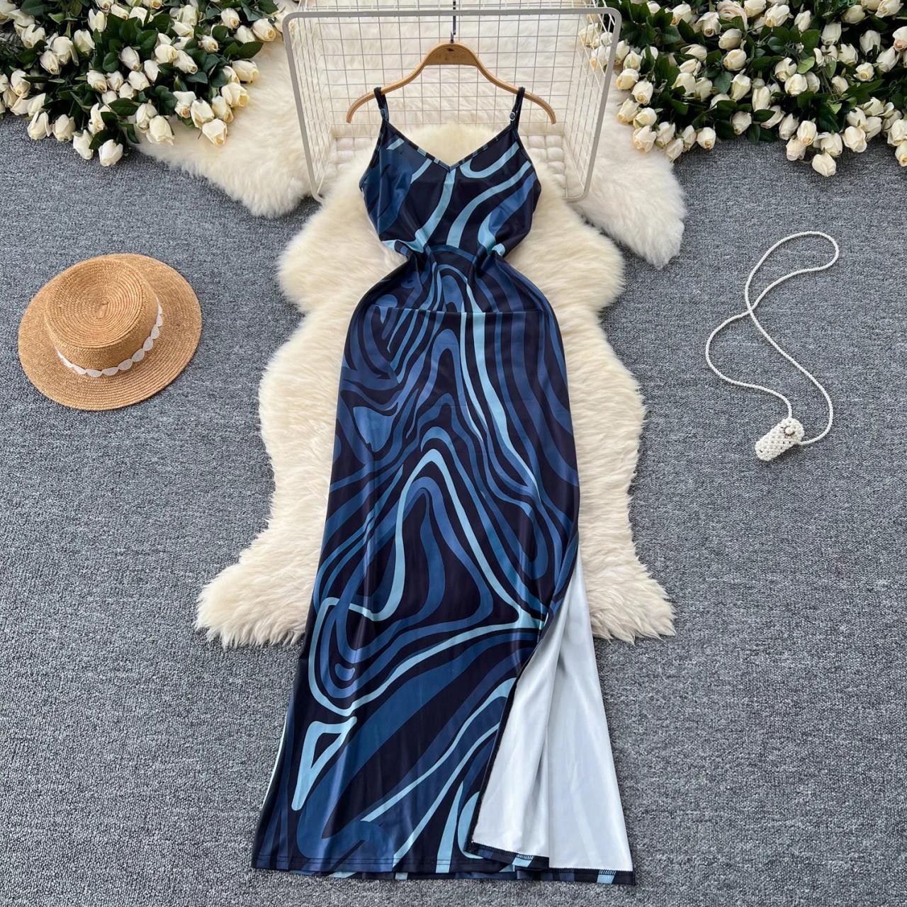 Blue Abstract Strappy Maxi Dress With Slit on Luulla