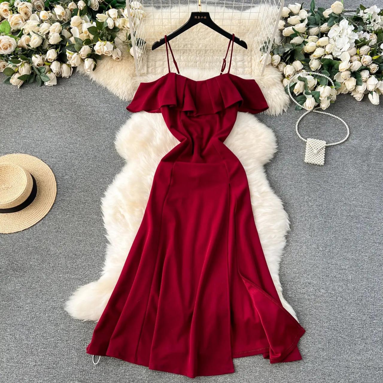 Off-shoulder Red Ruffle Maxi Dress With Straps on Luulla