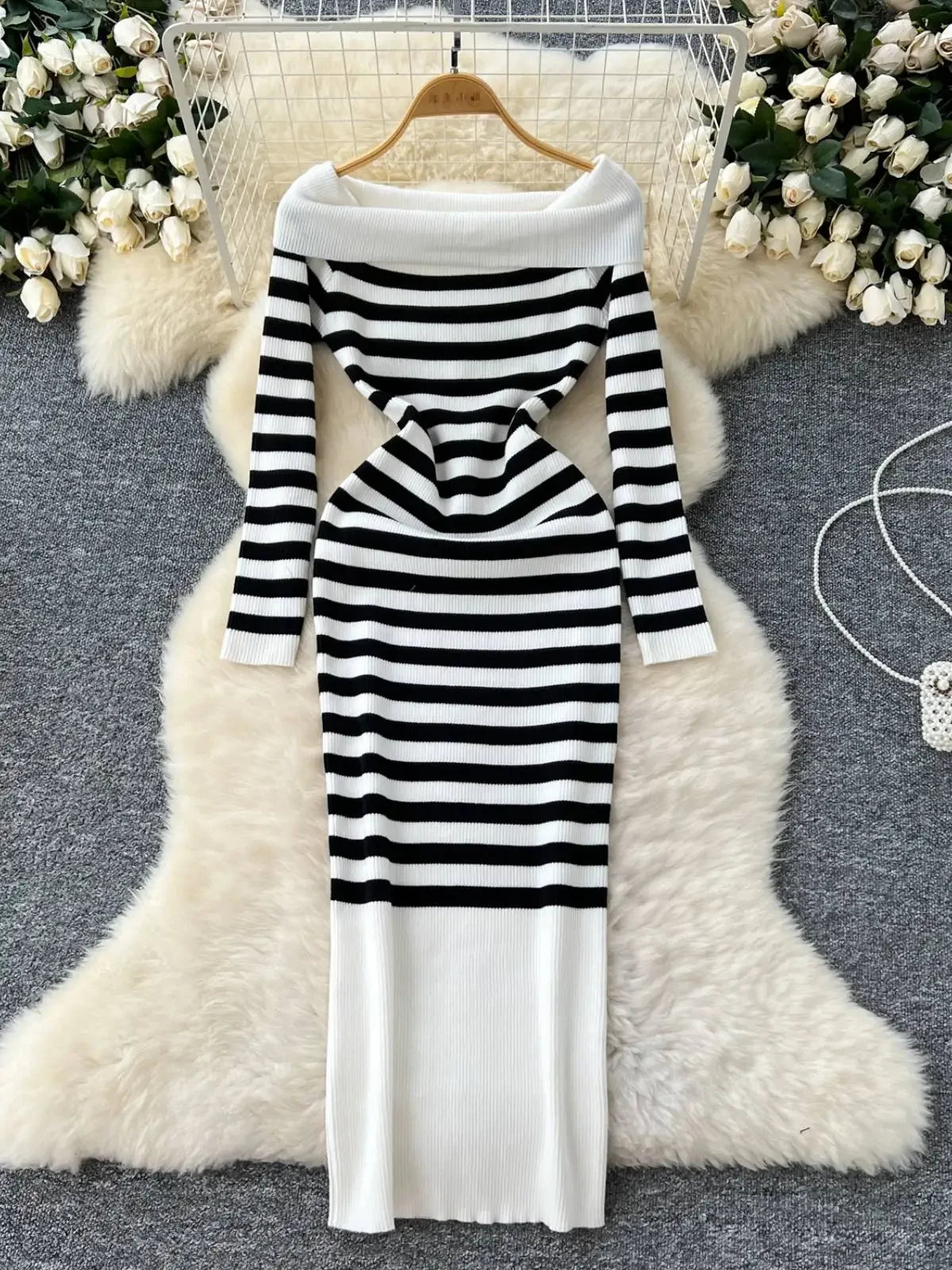 elegant black and white striped dress Momyknows White And Black Striped Satin Backless Halter Neck Sleveless Mermaid Elegant Cocktail Party Maternity Photoshoot Baby Shower Maxi Dress main image 0