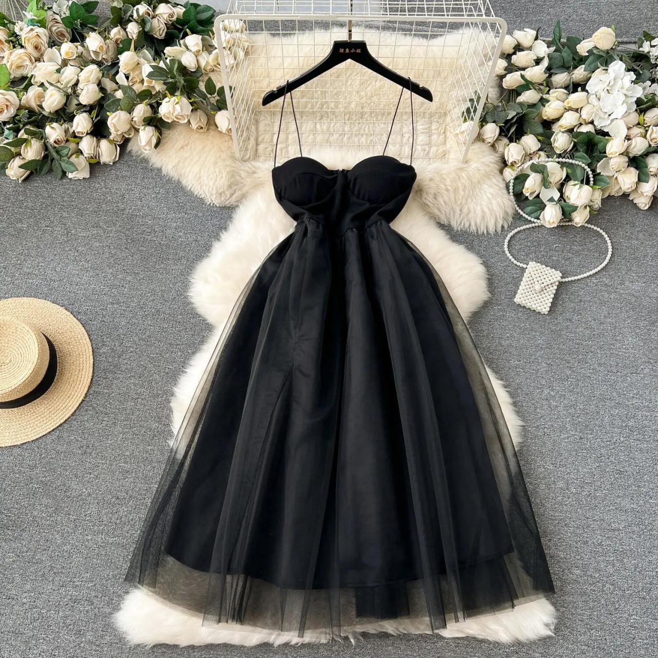 Black Strapless Tulle Midi Dress With Bow on Luulla