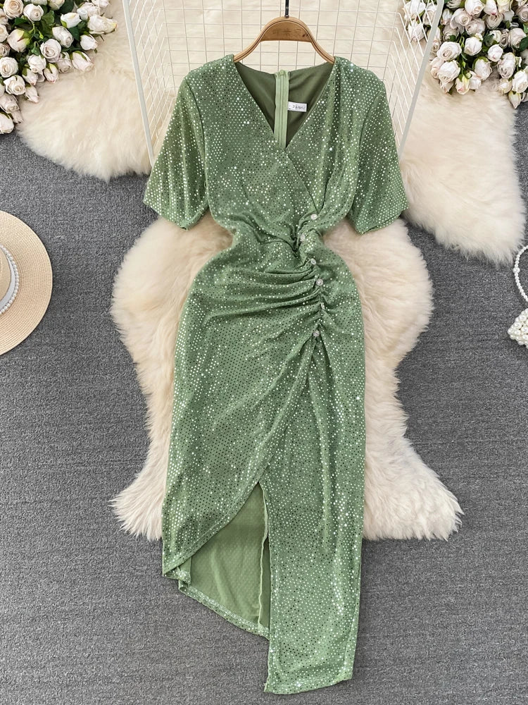 Sparkling Green Wrap Dress With Ruched Design on Luulla