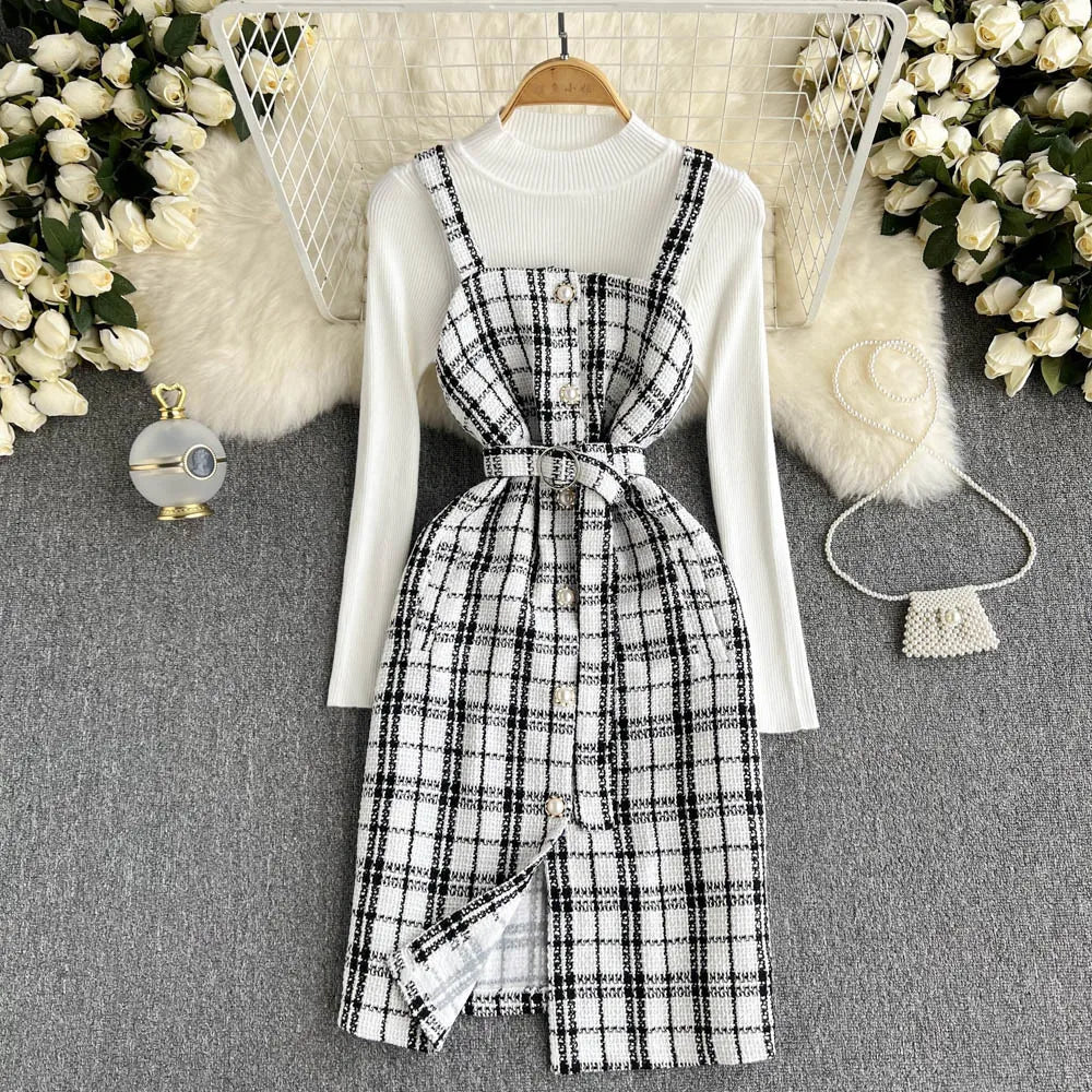Plaid Belted Tweed Dress With Long Sleeves