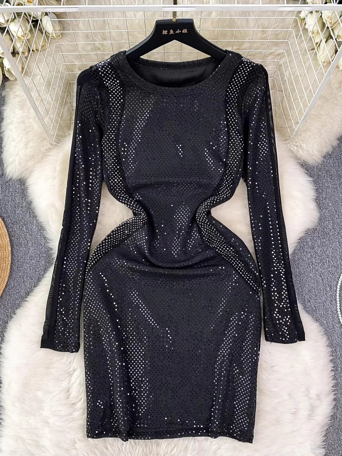 slim fit dress slacks Allegoria Long Sleeve Maxi Dress Black Glitter