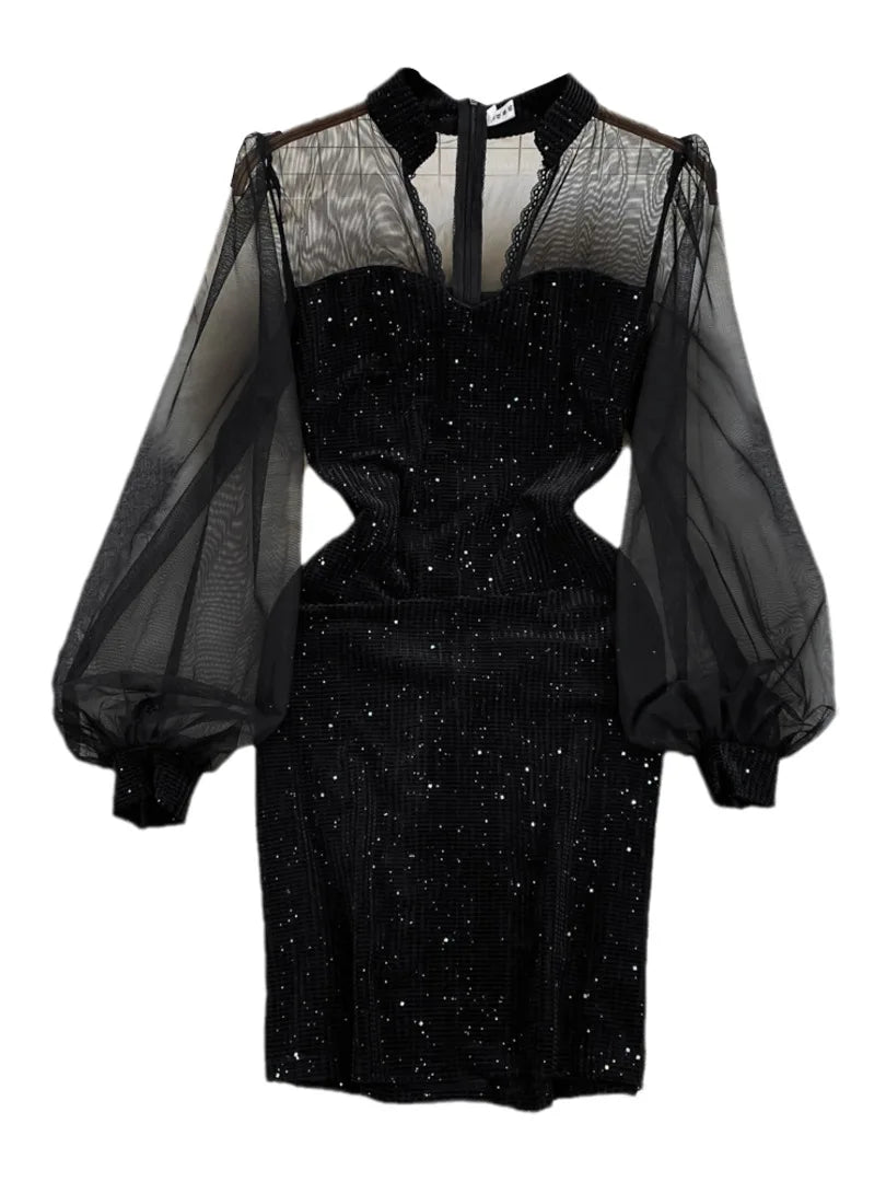 Black Mesh Sleeve Glitter Party Dress on Luulla