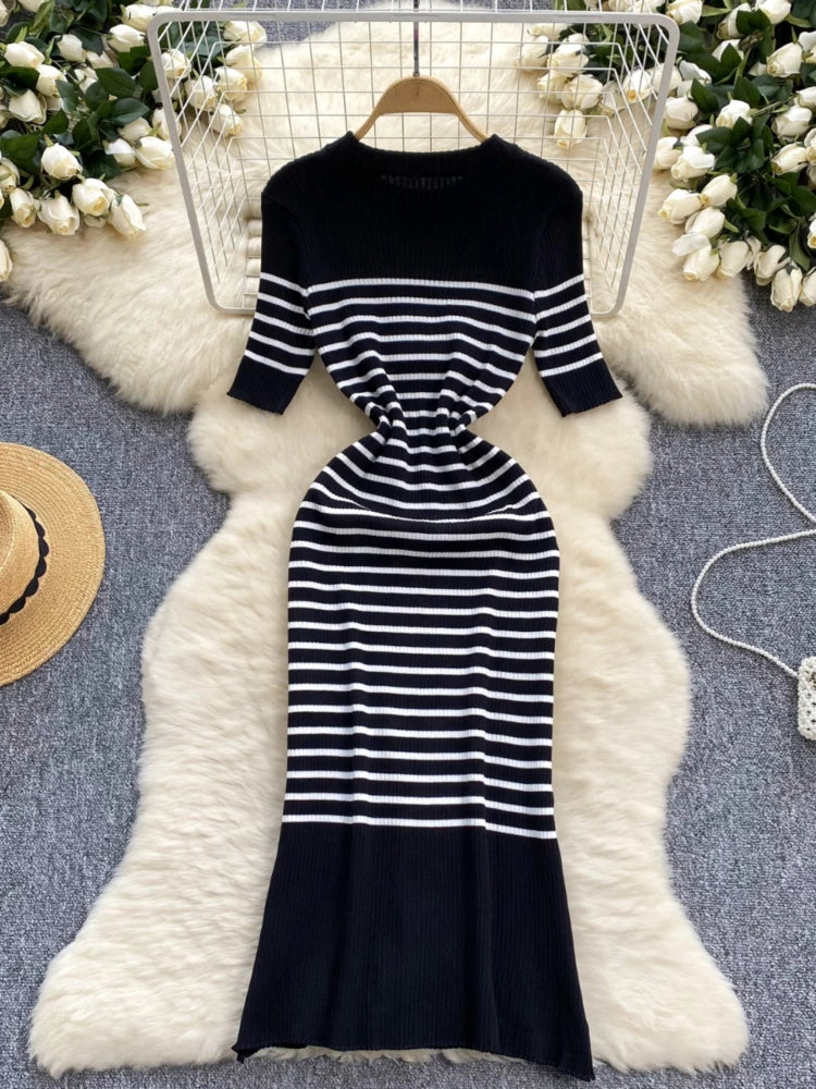 Striped Knit Off-Shoulder Bodycon Dress, Black