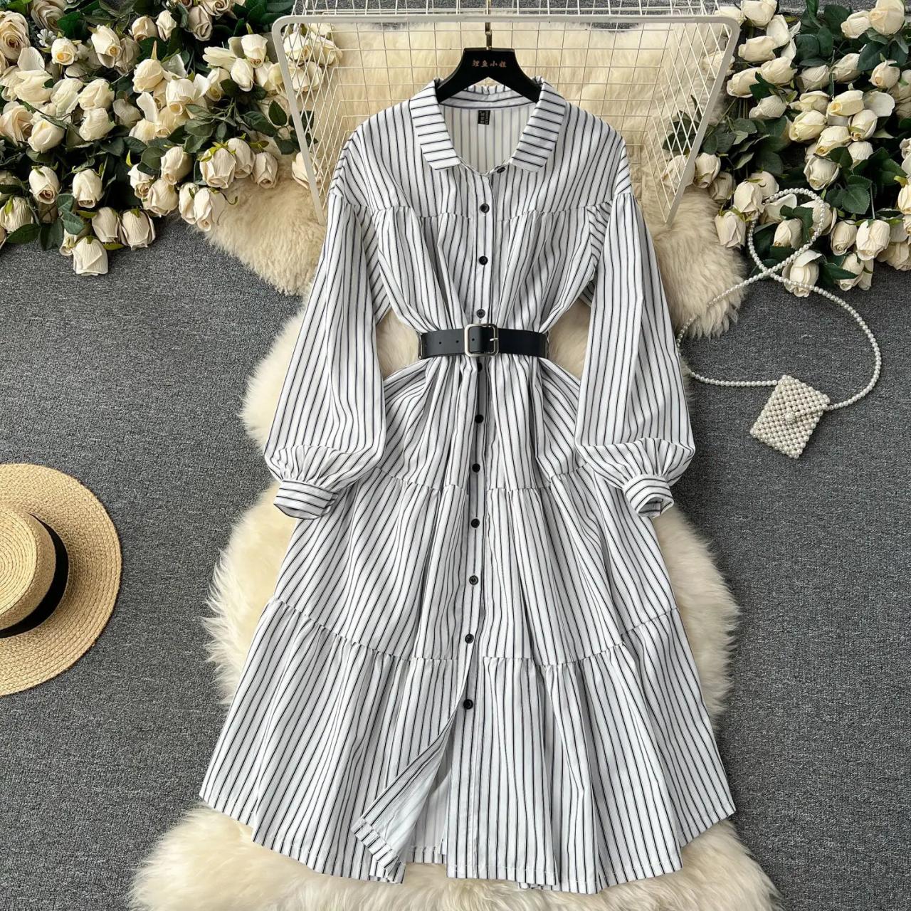 Striped Belted Long-sleeve Button-up Maxi Dress