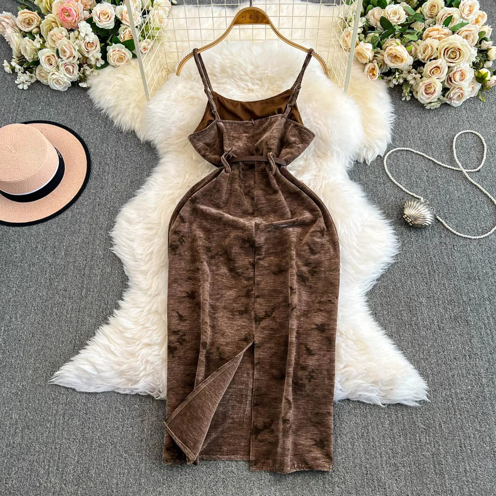 sleeveless velvet midi dress Women's Canes Sheath Sleeveless Velvet Midi Dress S/M/L Caramel Brown/Burgundy MEAN BLVD Burgundy / S
