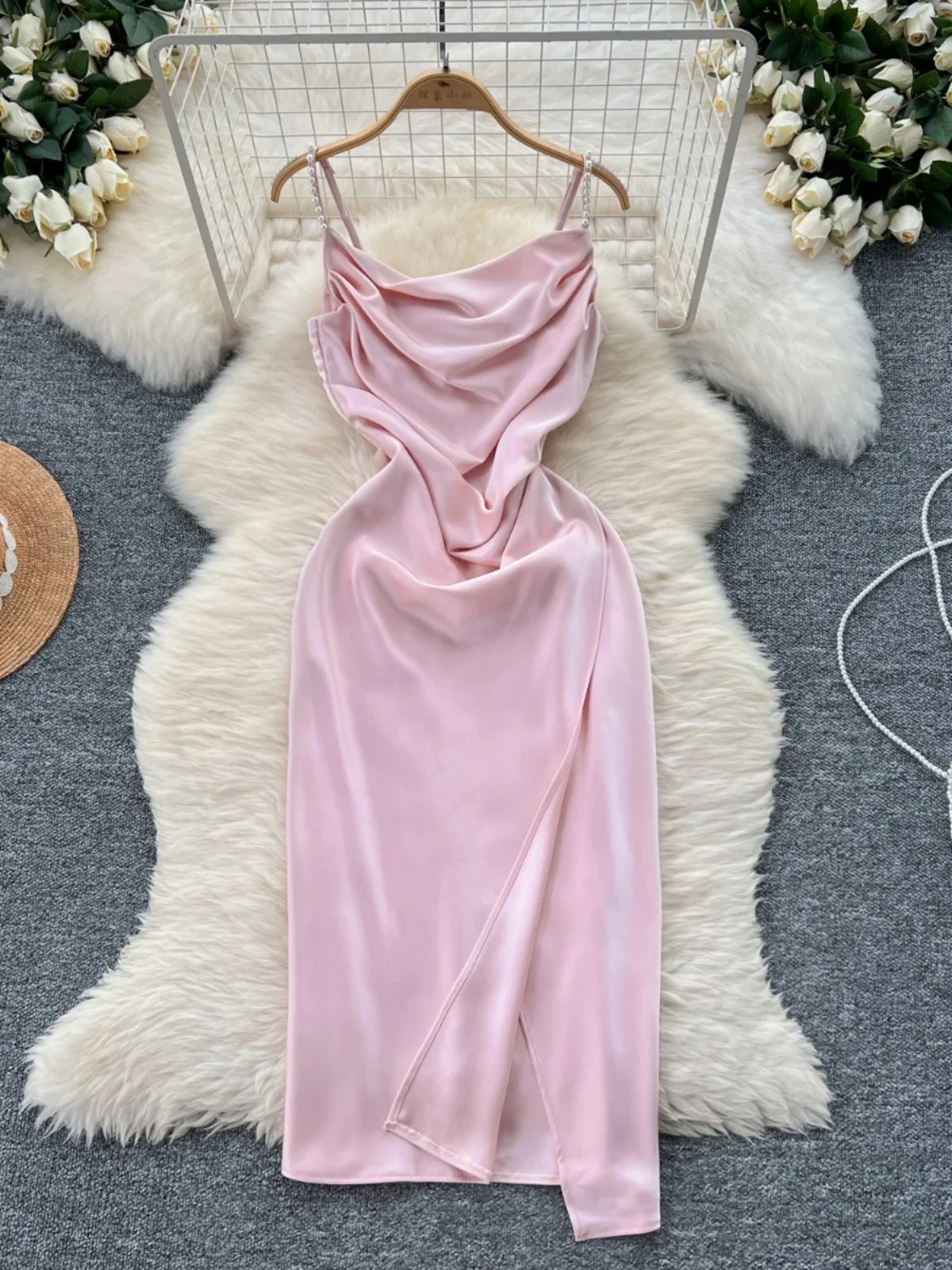 Soft Pink Satin Cowl Neck Slip Dress